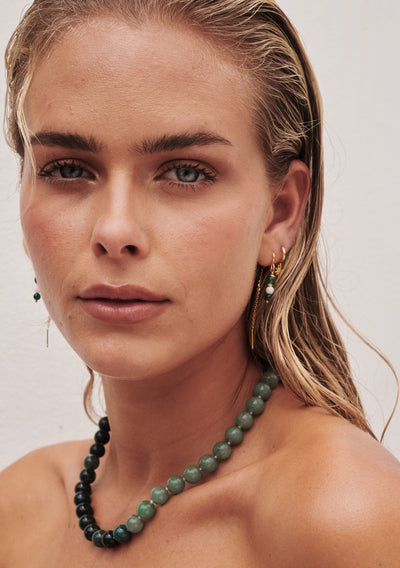 The Amelia Beaded Necklace, Thread Earrings & Luna Huggies Stack