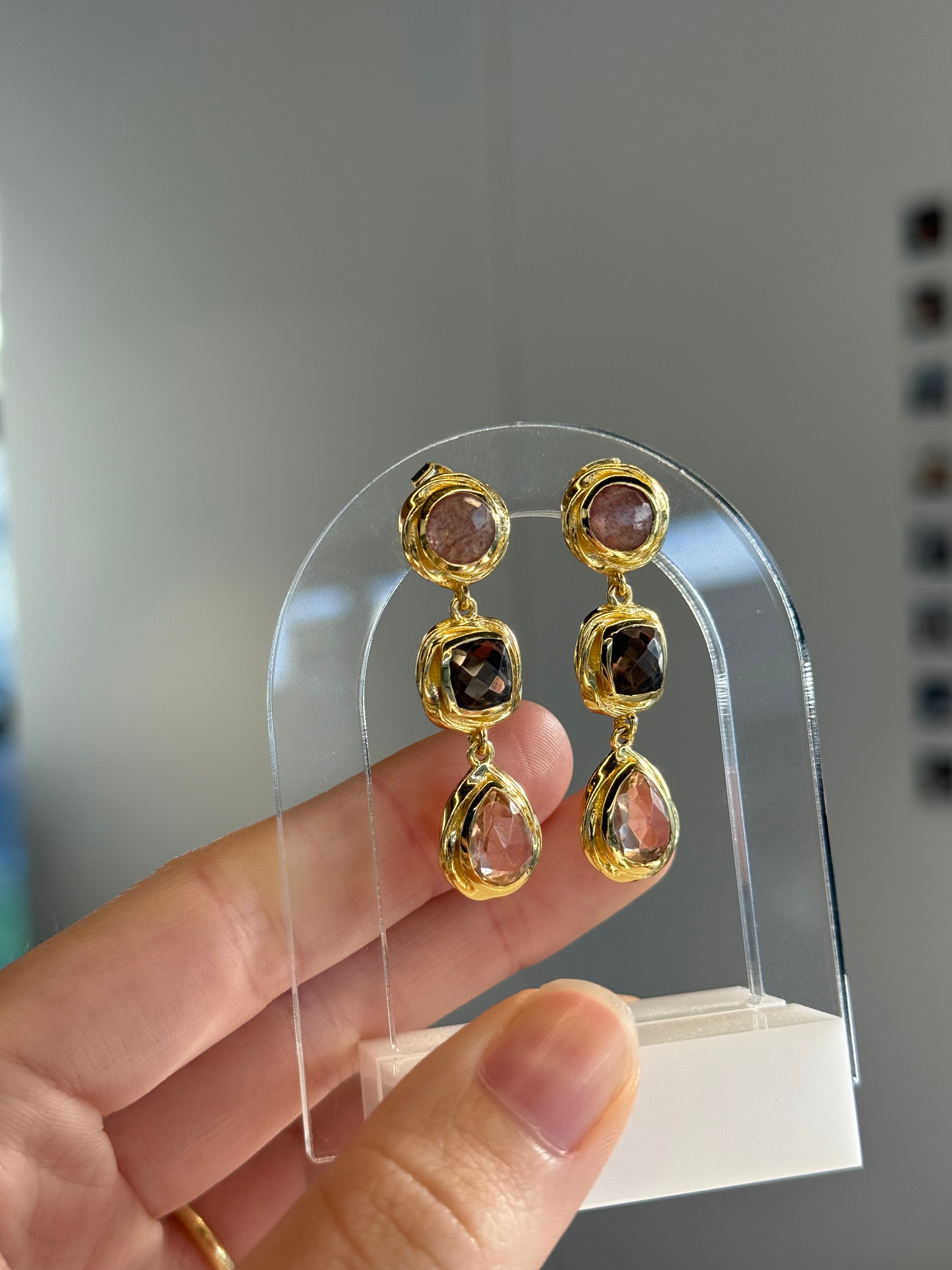 Scarlett Earring - Stawberry Quartz, Smokey, & Morganite