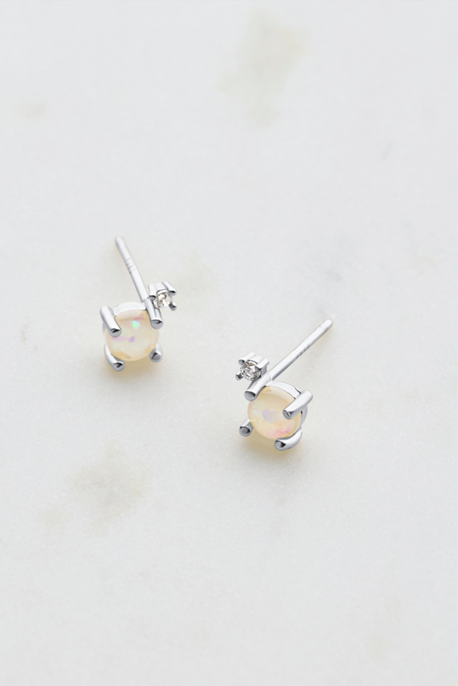 White Opal & Crystal Stud - 925 Silver