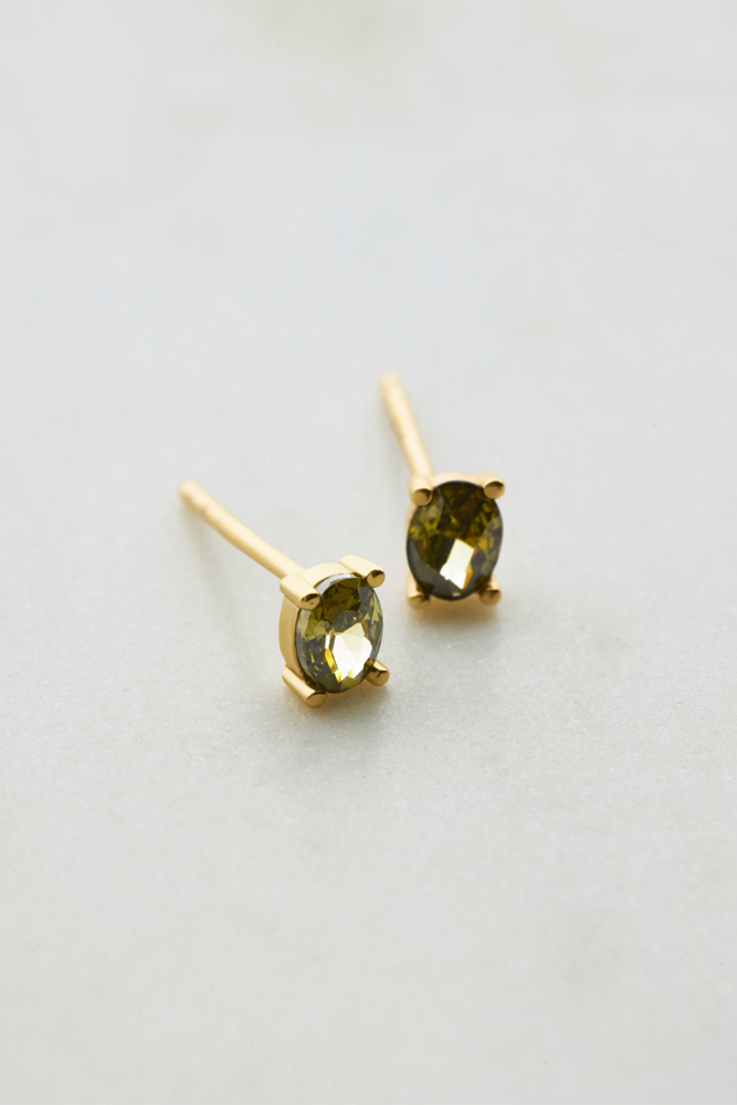 Oval Crystal Stud - Green - Gold