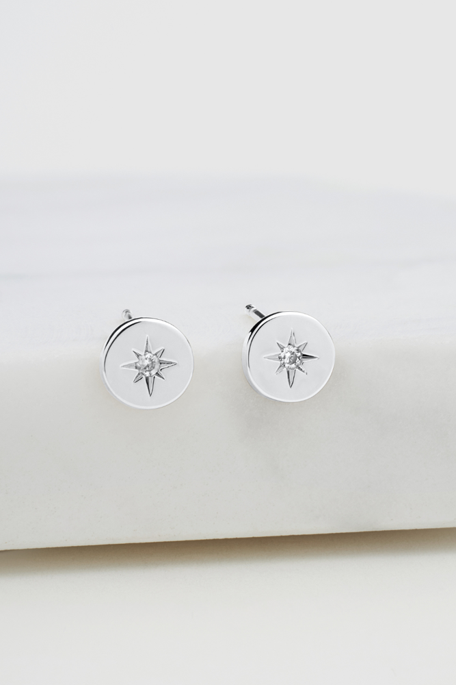 Crystal Disk Stud Earring - 925 Silver