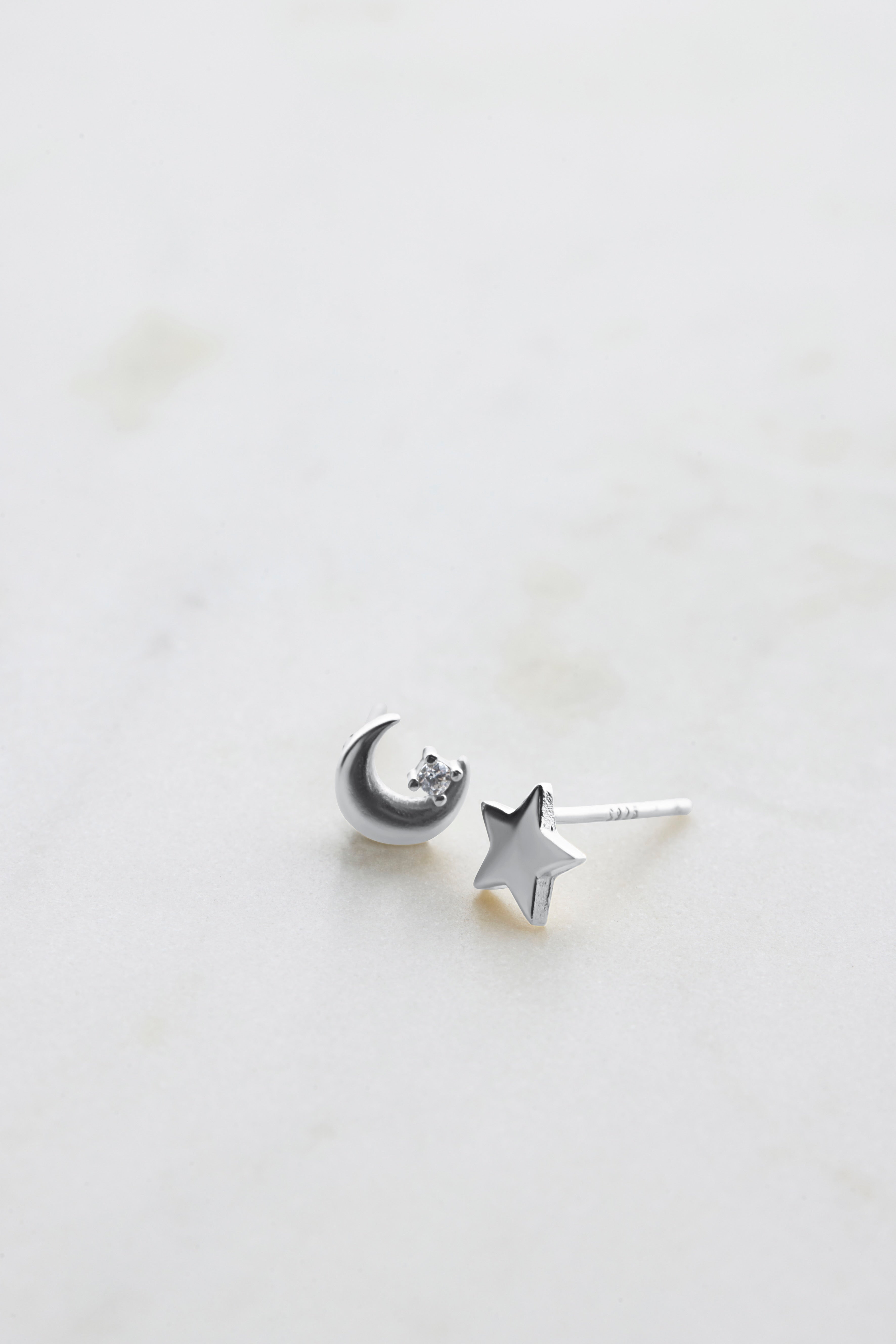 Star and Moon Stud Earring - 925 Silver