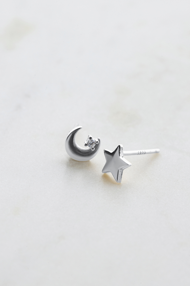 Star and Moon Stud Earring - 925 Silver