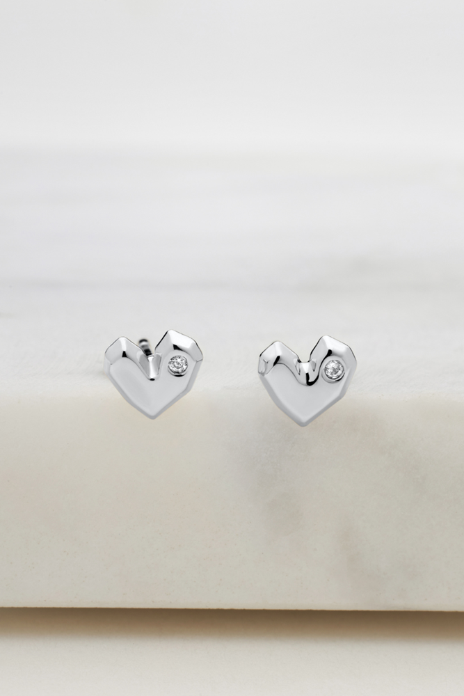 Crystal Heart Stud Earring - 925 Silver