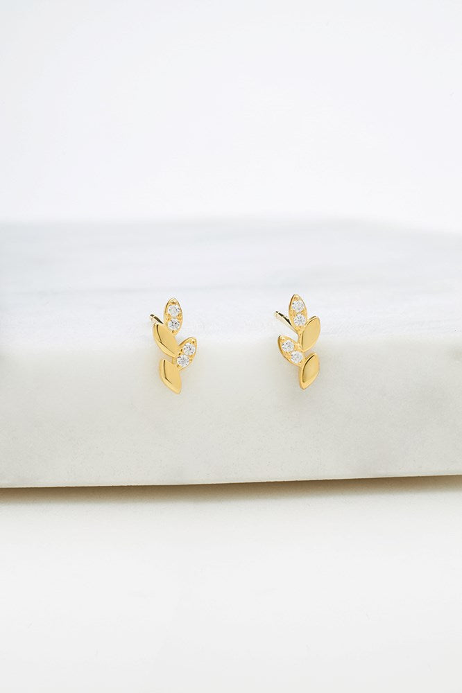 Crystal Leaf Stud Earring - Gold