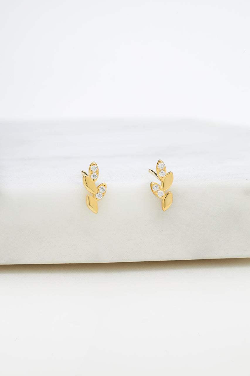 Crystal Leaf Stud Earring - Gold