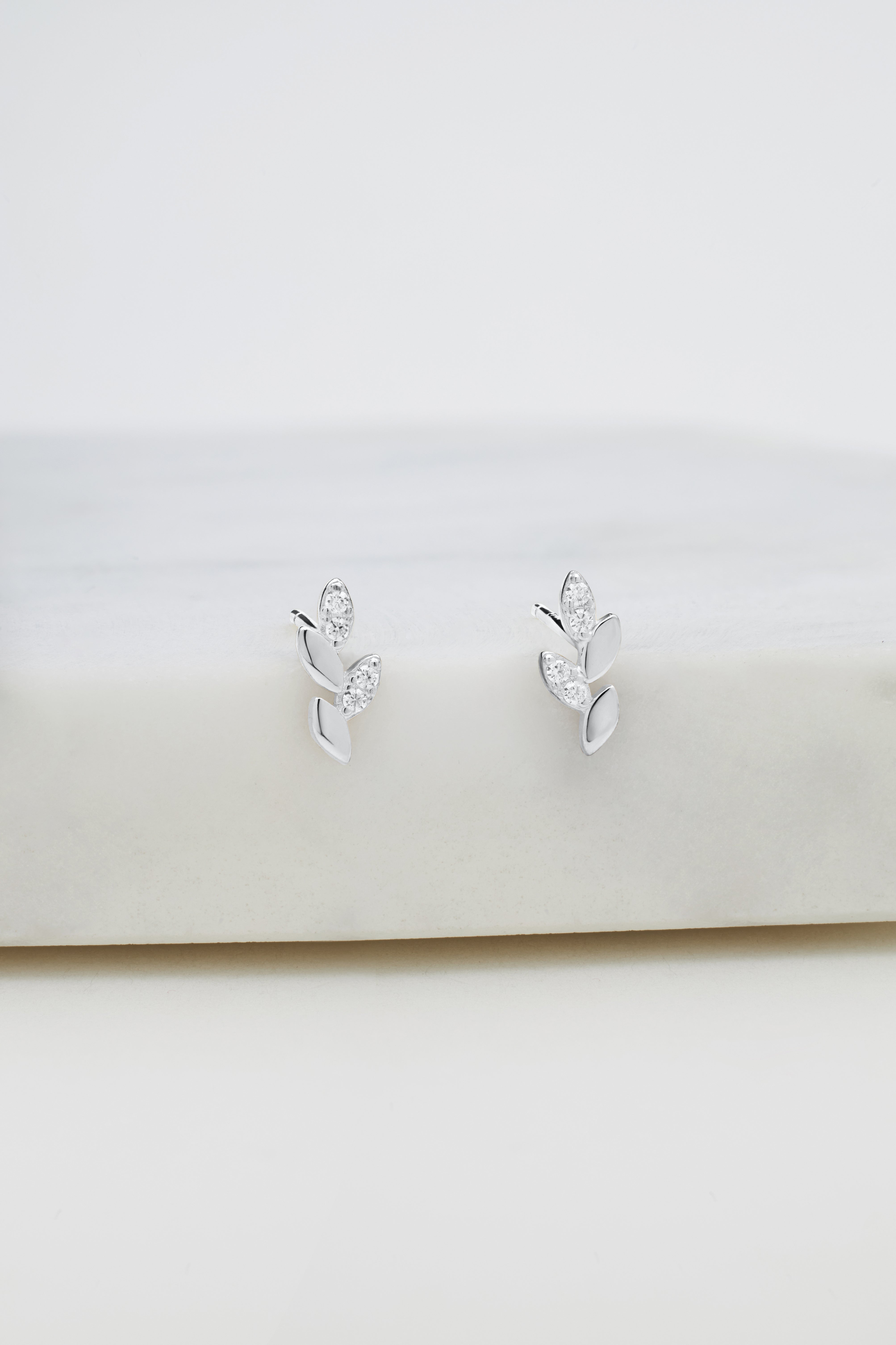 Crystal Leaf Stud Earring - 925 Silver