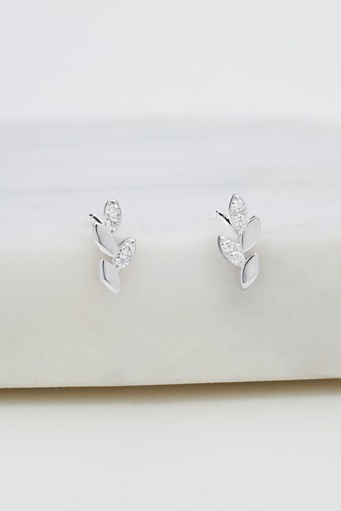 Crystal Leaf Stud Earring - 925 Silver