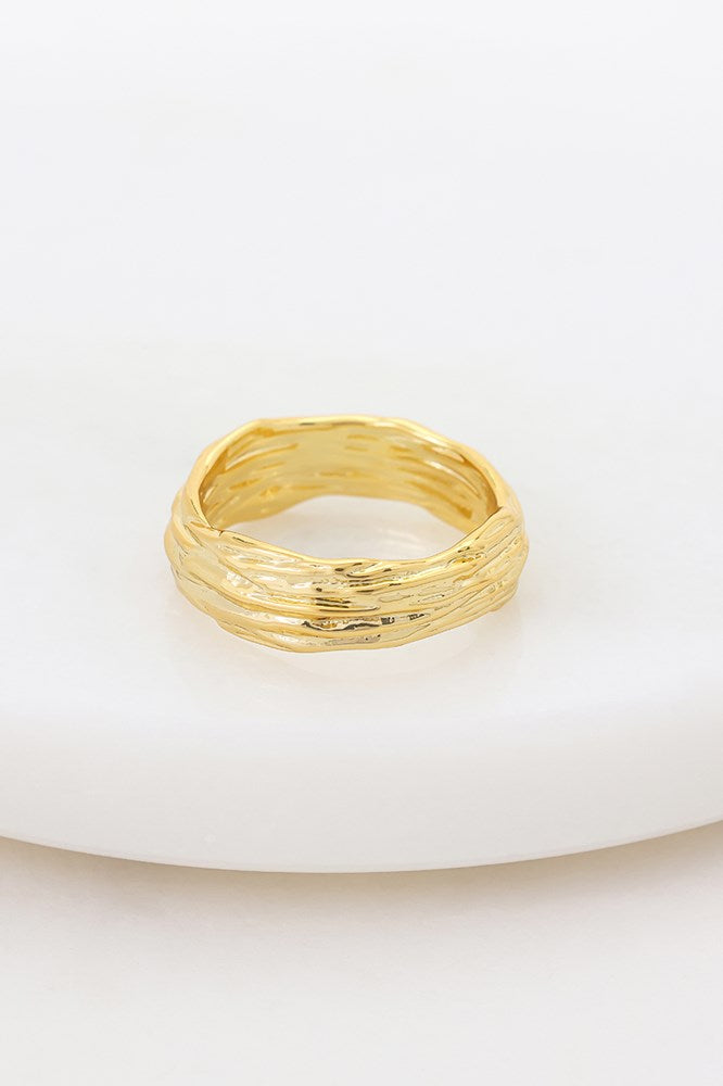 Gold ring on a white plate with a white background